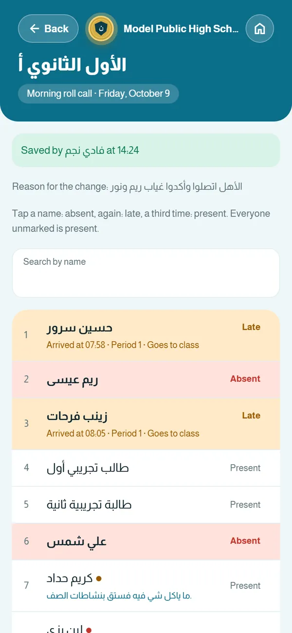 Morning roll call for a section: absences and lateness in colour